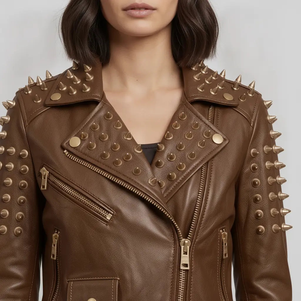 Women's Brown Golden Spiked Studded Leather Biker Jacket — Buckley