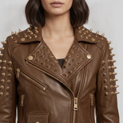 Women's Brown Golden Spiked Studded Leather Biker Jacket — Buckley