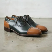 Men's Dark Green and Tan Cap-Toe Leather Oxfords — Bunting