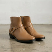 Men's Tan Plain-Toe Leather Ankle Biker Boots — Atherton