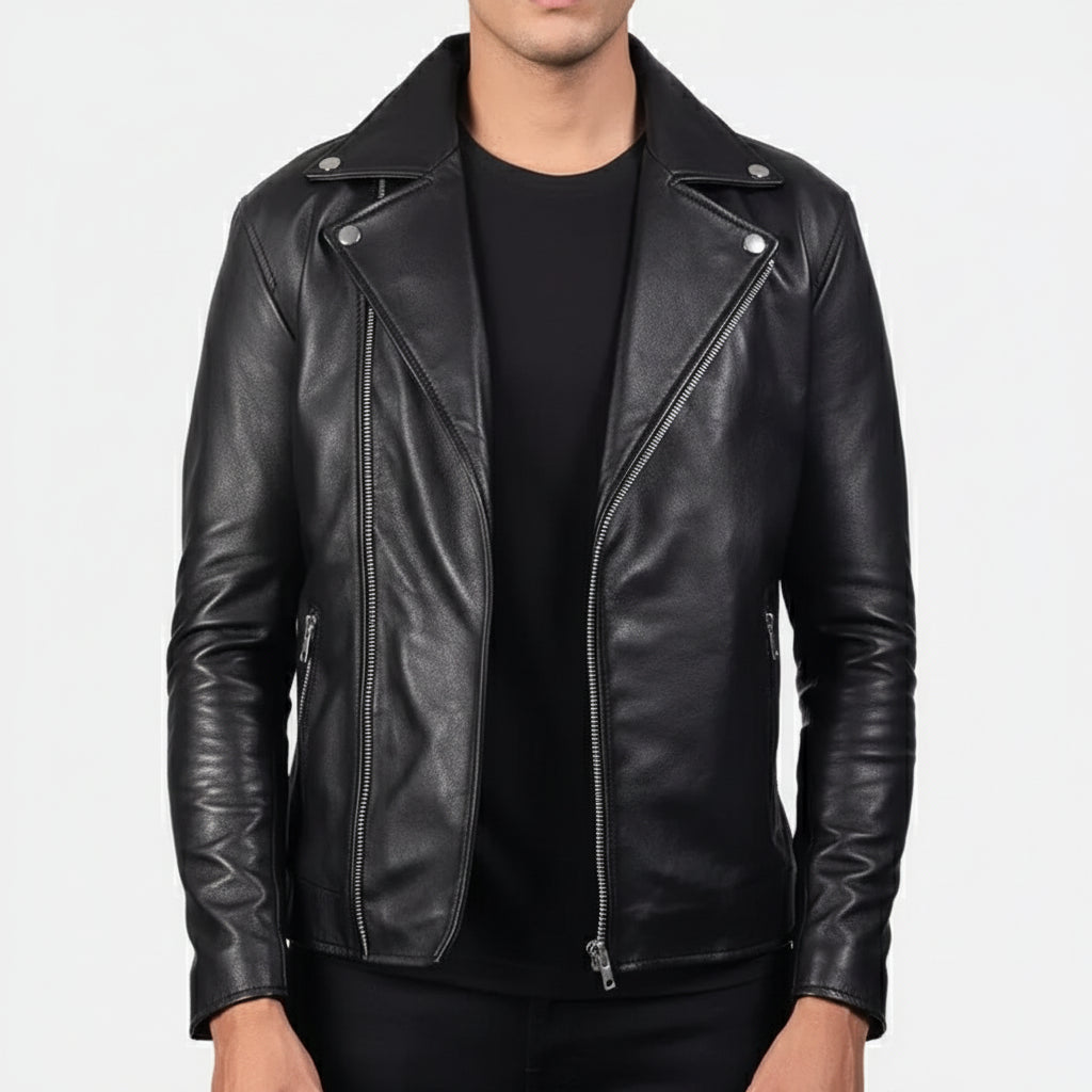 Handmade Men Black Leather Biker Jacket, Mens Wide Collar Jacket , Mens Jackets