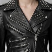 Women's Black Studded Leather Biker Jacket — Fritton