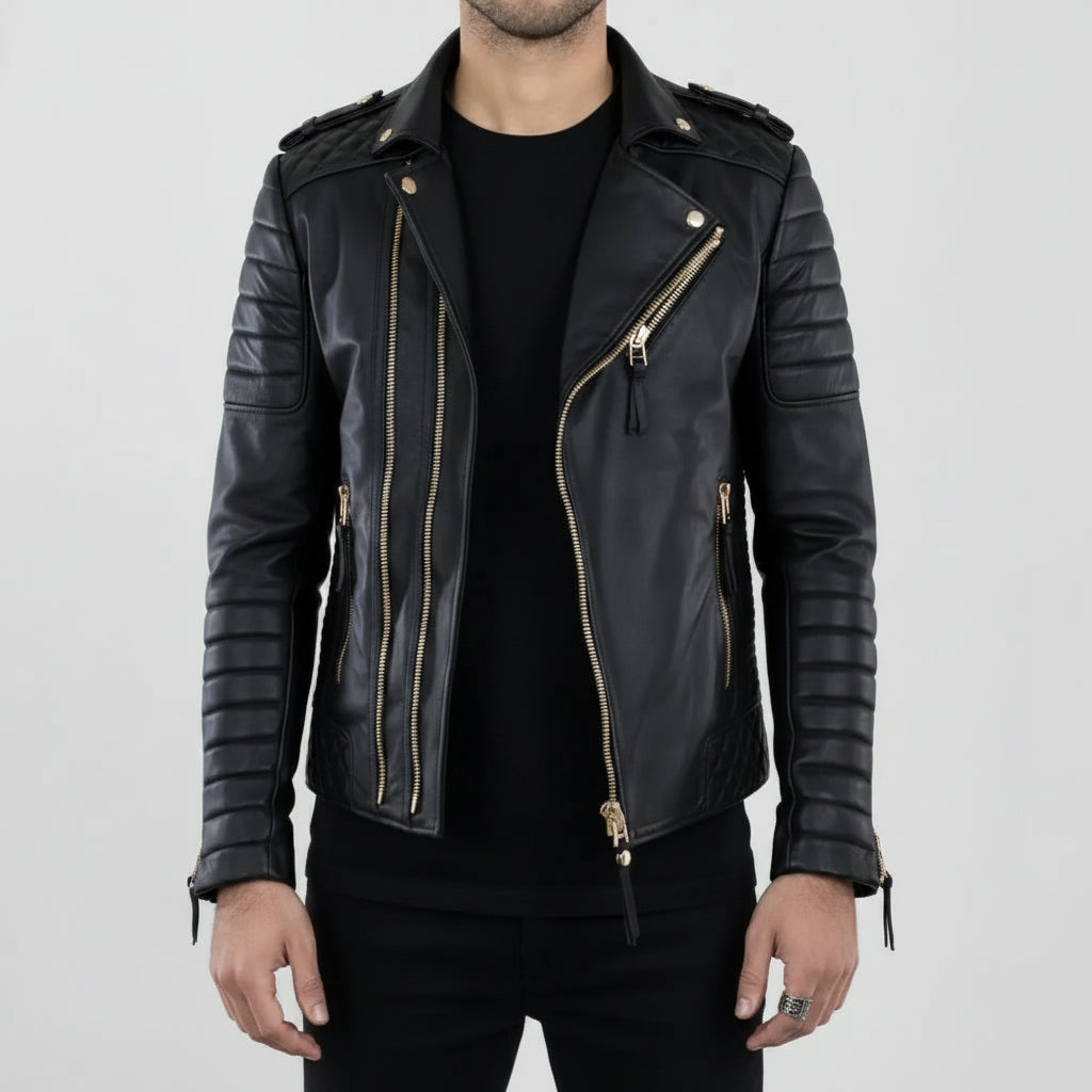 Handmade Men Black Leather Motorcycle Jacket, Winter Fashion Leather Jacket for Men