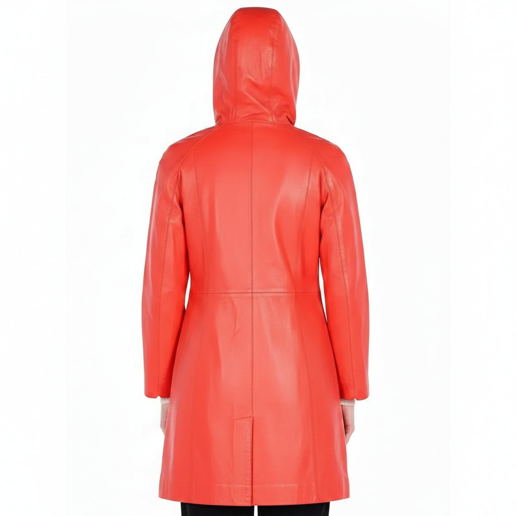 Women's Handmade Hooded A-line Leather Coat