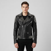 Men's Handmade Long Spiked Studded Leather Jacket - Black & Silver