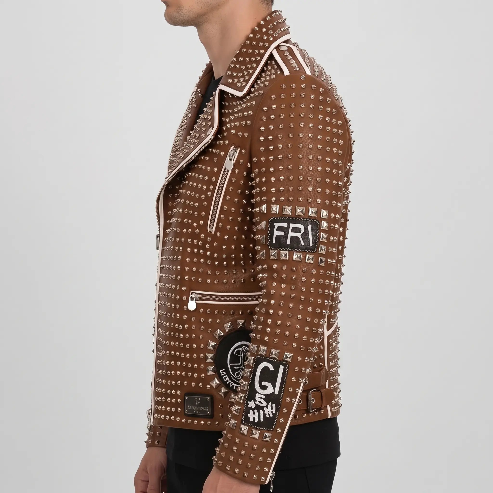 Men's Brown Studded Leather Biker Jacket — Binley