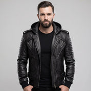 Men's Black Hooded Leather Biker Jacket — Abbercourt