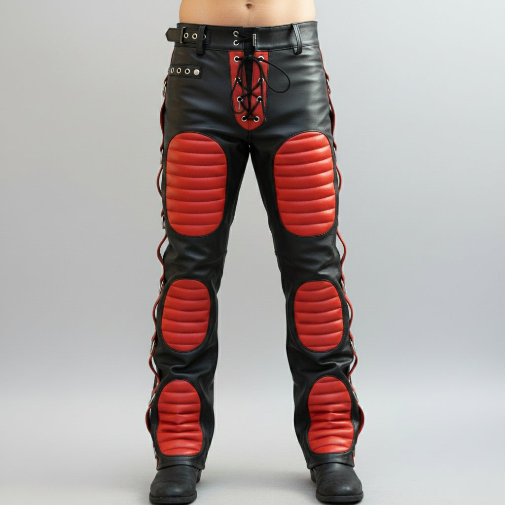 Handmade Men’s Black & Red Leather Biker Pants