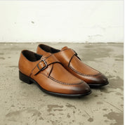 Men's Tan Apron-Toe Leather Monk Strap Shoes — Axmouth