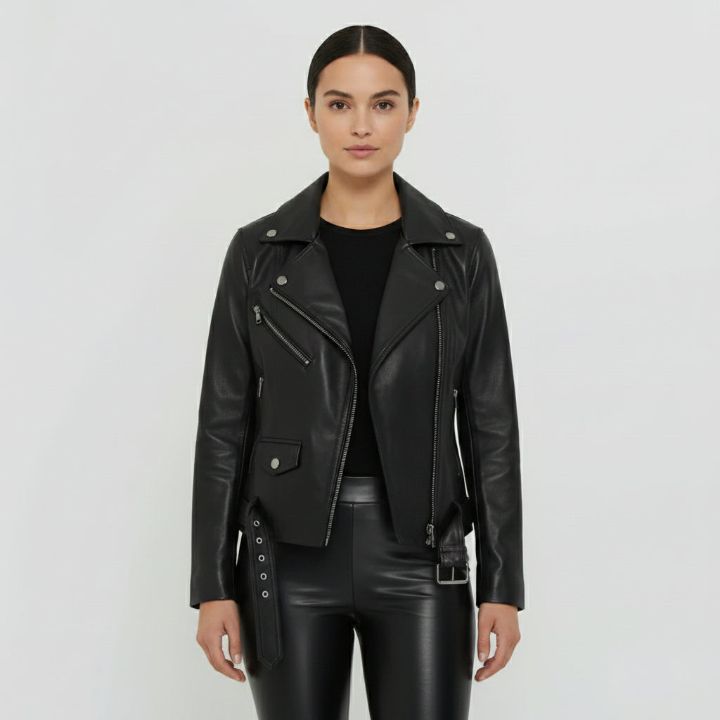Women's Black Leather Biker Jacket — Forsyth