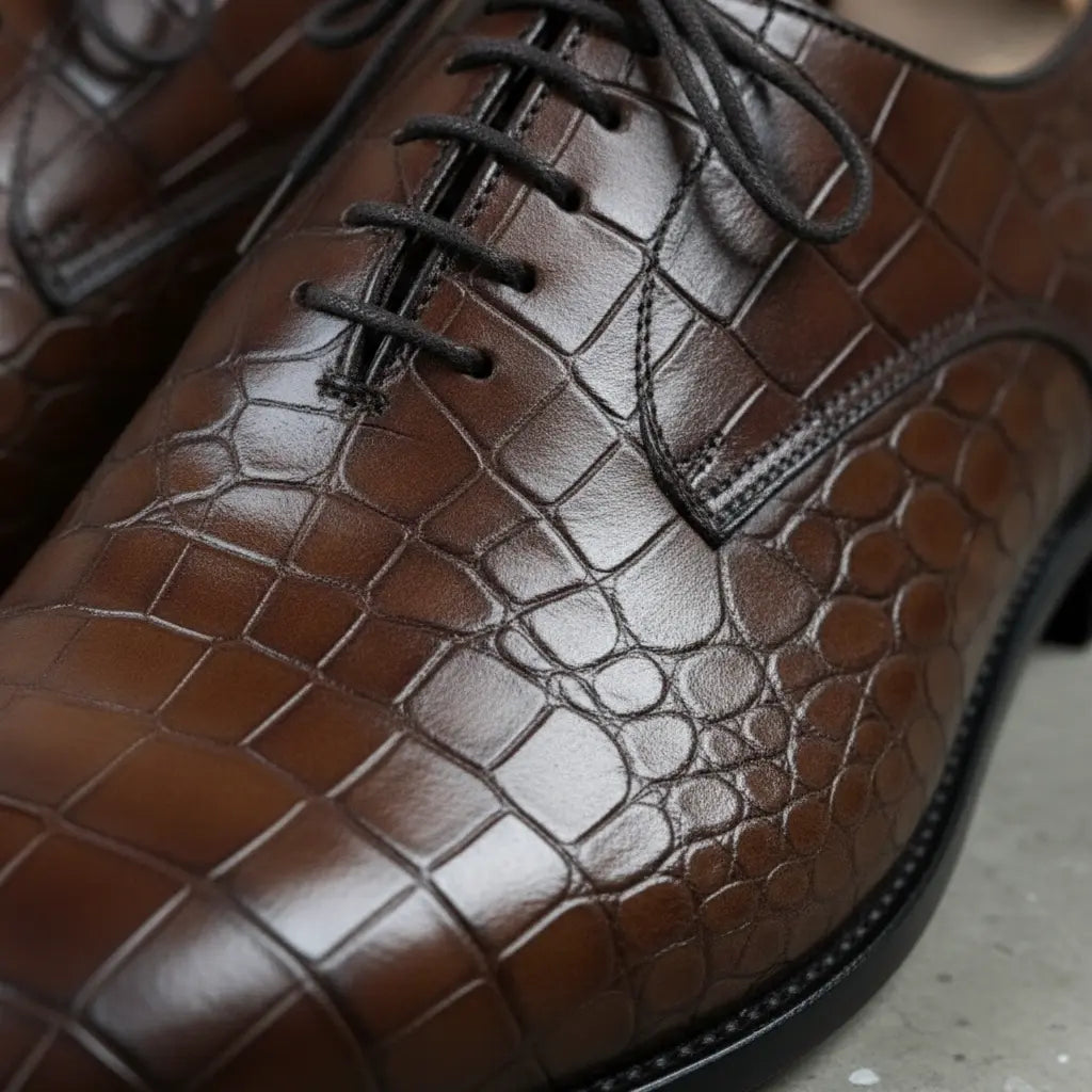Men's Brown Crocodile-Embossed Leather Oxfords — Nettleton