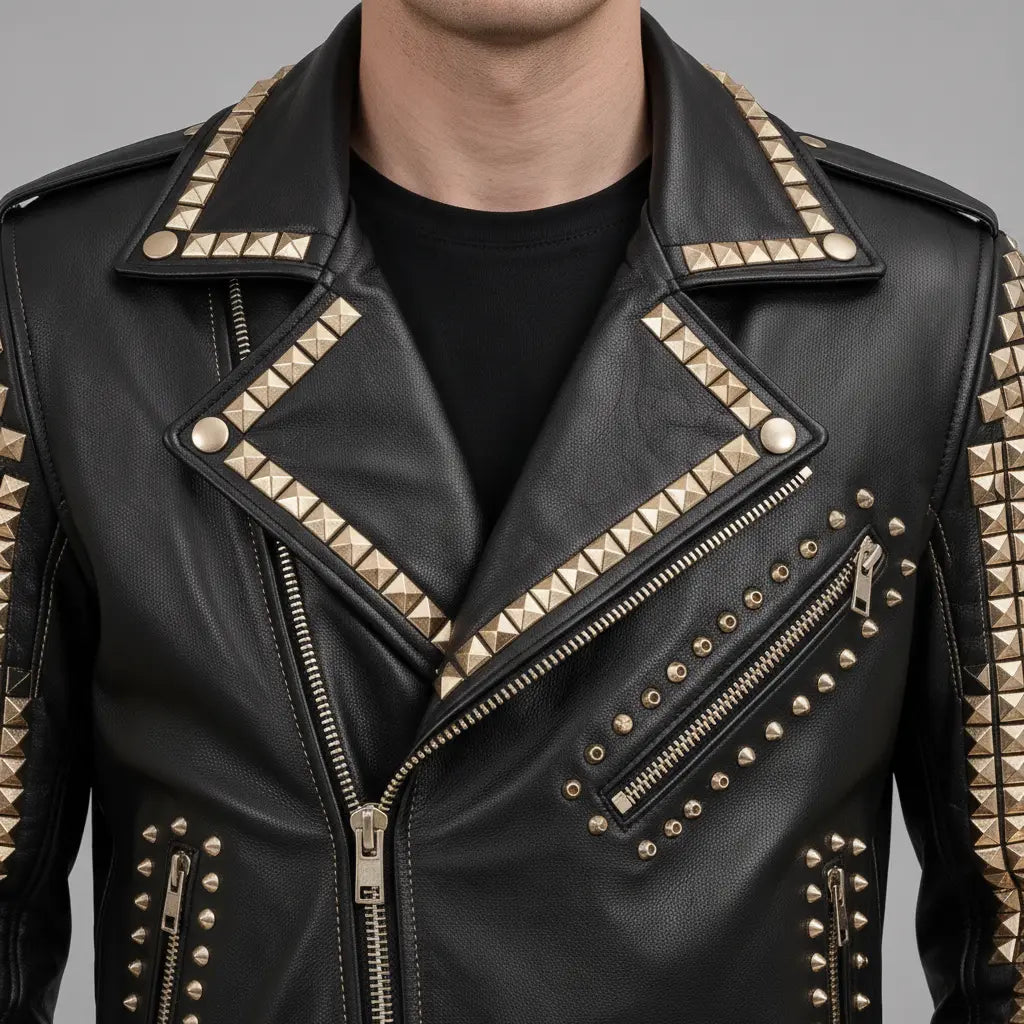 Men's Black Studded Leather Biker Jacket — Ackwood