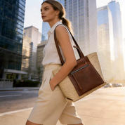 Women's Brown Leather Accent Cream Woven Tote Bag