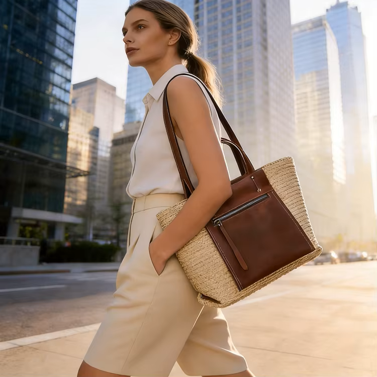 Women's Brown Leather Accent Cream Woven Tote Bag