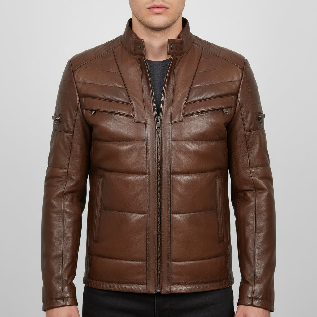 Handmade Men Brown Real Leather Quilted Jacket, Men Antique Brown Biker Jacket