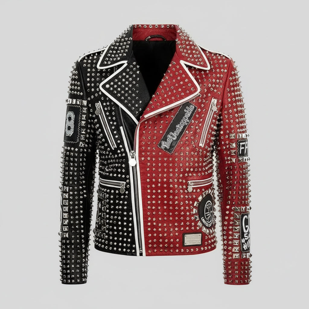 Men's Handmade Two-tone Leather Punk Rock Motorcycle Jacket