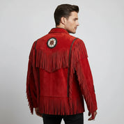 Men's Handmade Fringe Beaded Suede Leather Cowboy Jacket
