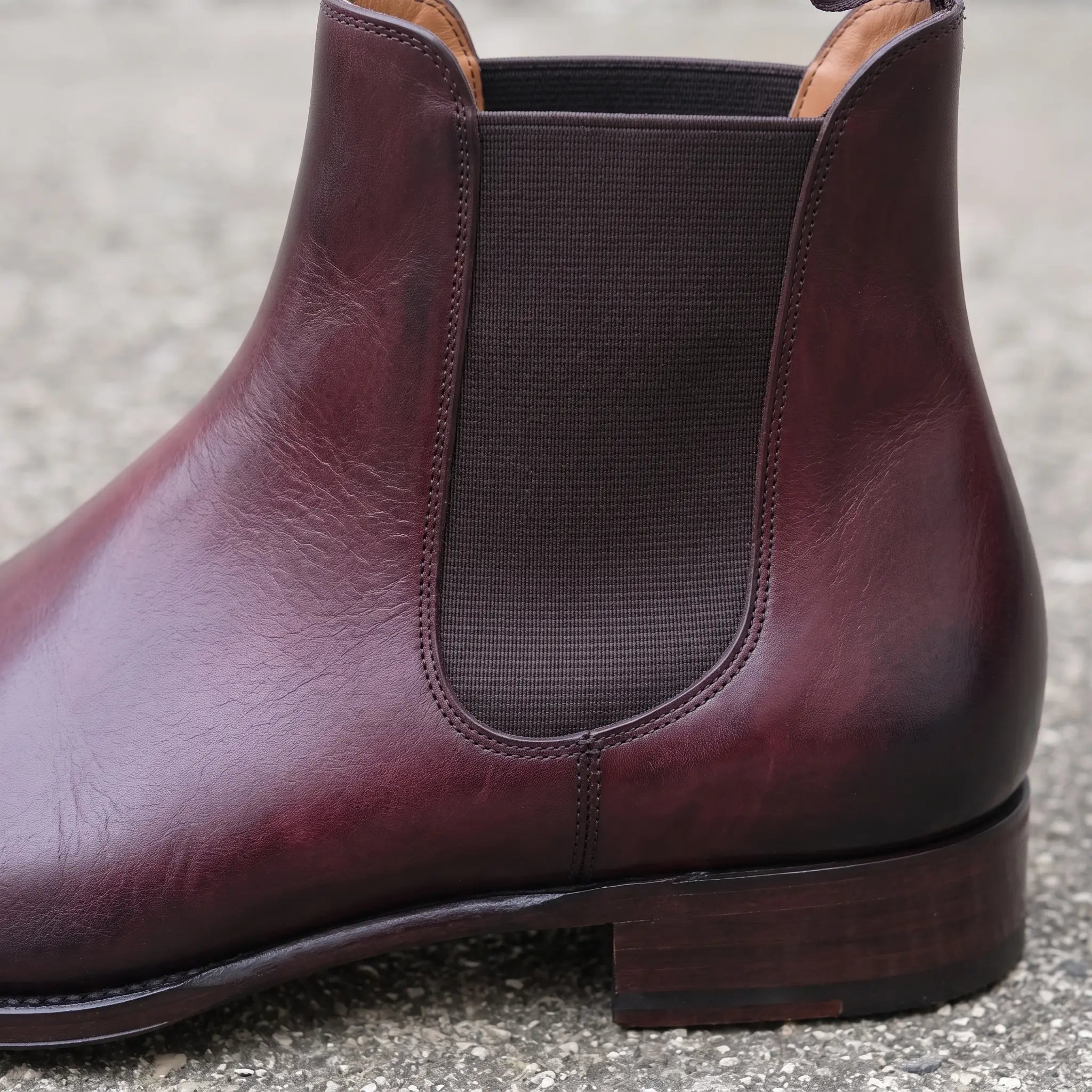 Handmade Men's Dark Burgundy Leather Chelsea Ankle Boots — Allington Second Run
