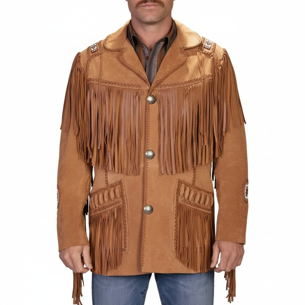 Men's Handmade Tan Brown Fringed Suede Leather Cowboy Jacket