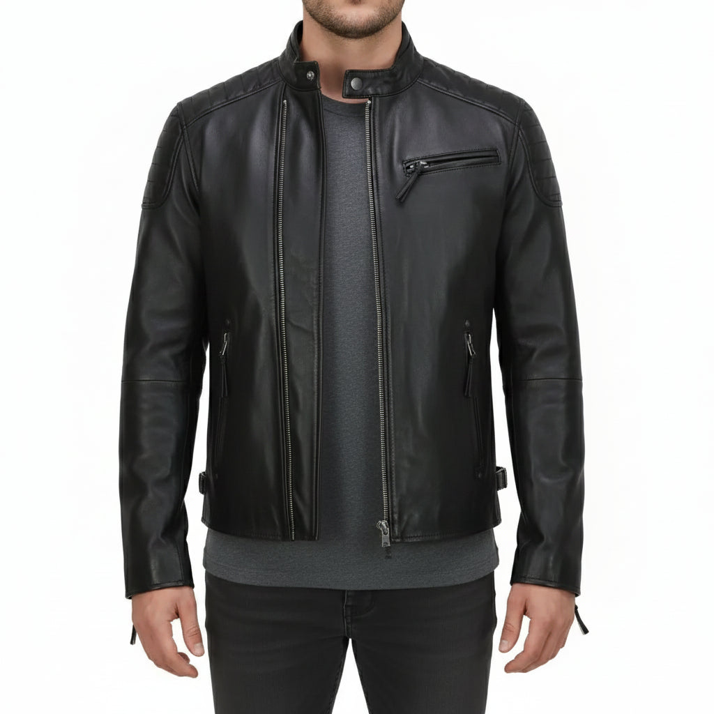 Handmade Men's  Black Leather  Biker Jacket, Vintage Style  Slim Fit Jacket