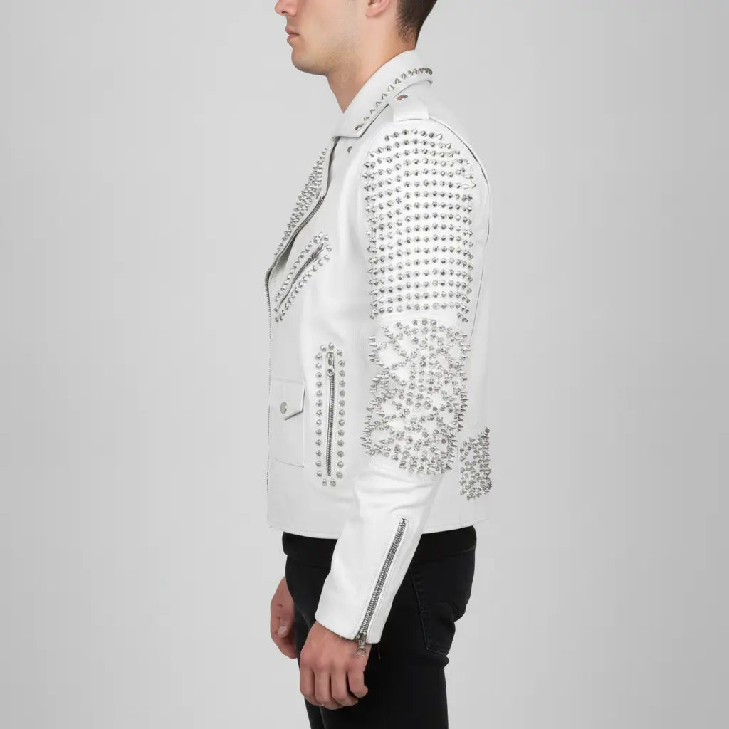 Men's Bright White Studded Leather Biker Jacket — Abberwall