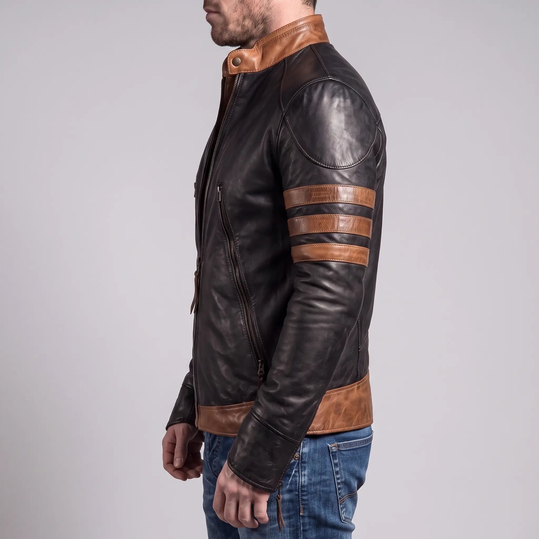Men's Black and Tan Leather Cafe Racer Jacket — Dearley