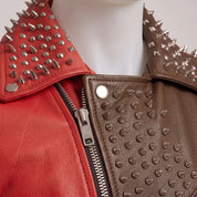 Men's Red and Brown Studded Leather Perfecto Biker Jacket — Gundry