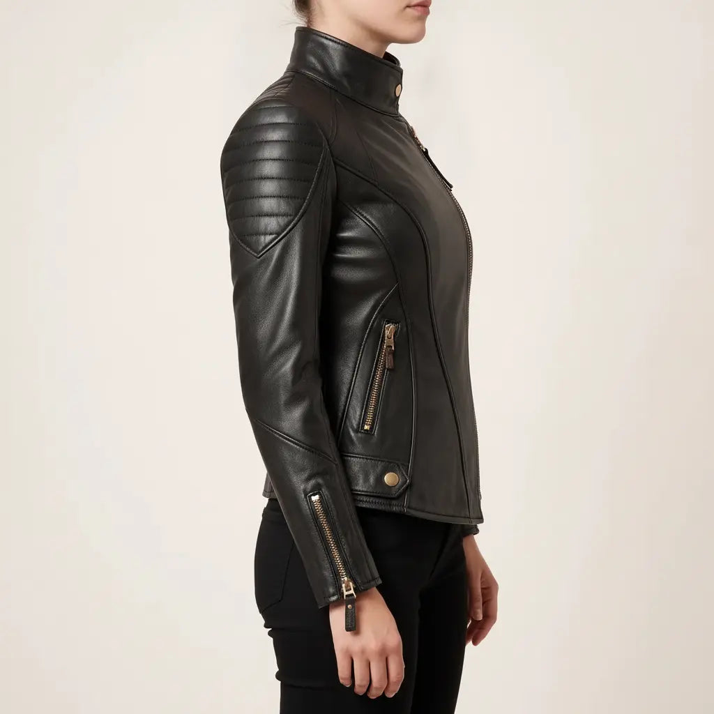 Women's Black Quilted Leather Asymmetric Zip Biker Jacket — Adbank