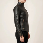 Women's Black Quilted Leather Asymmetric Zip Biker Jacket — Adbank