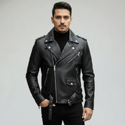 Handmade Men Black Multi Pocktes Biker Leather Jacket, Black Motorcycle Jacket