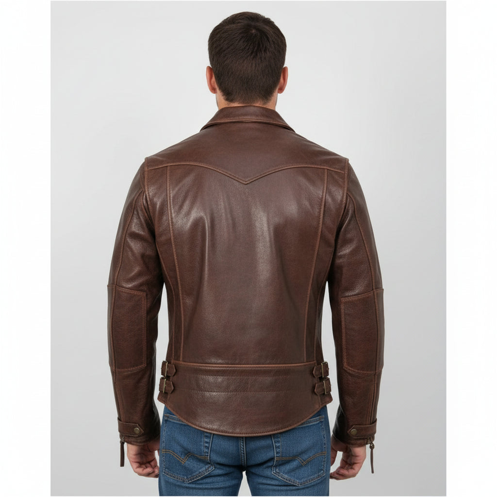 Handmade Mens Antique Brown Leather Jacket. Brown Fashion Biker Leather Jacket