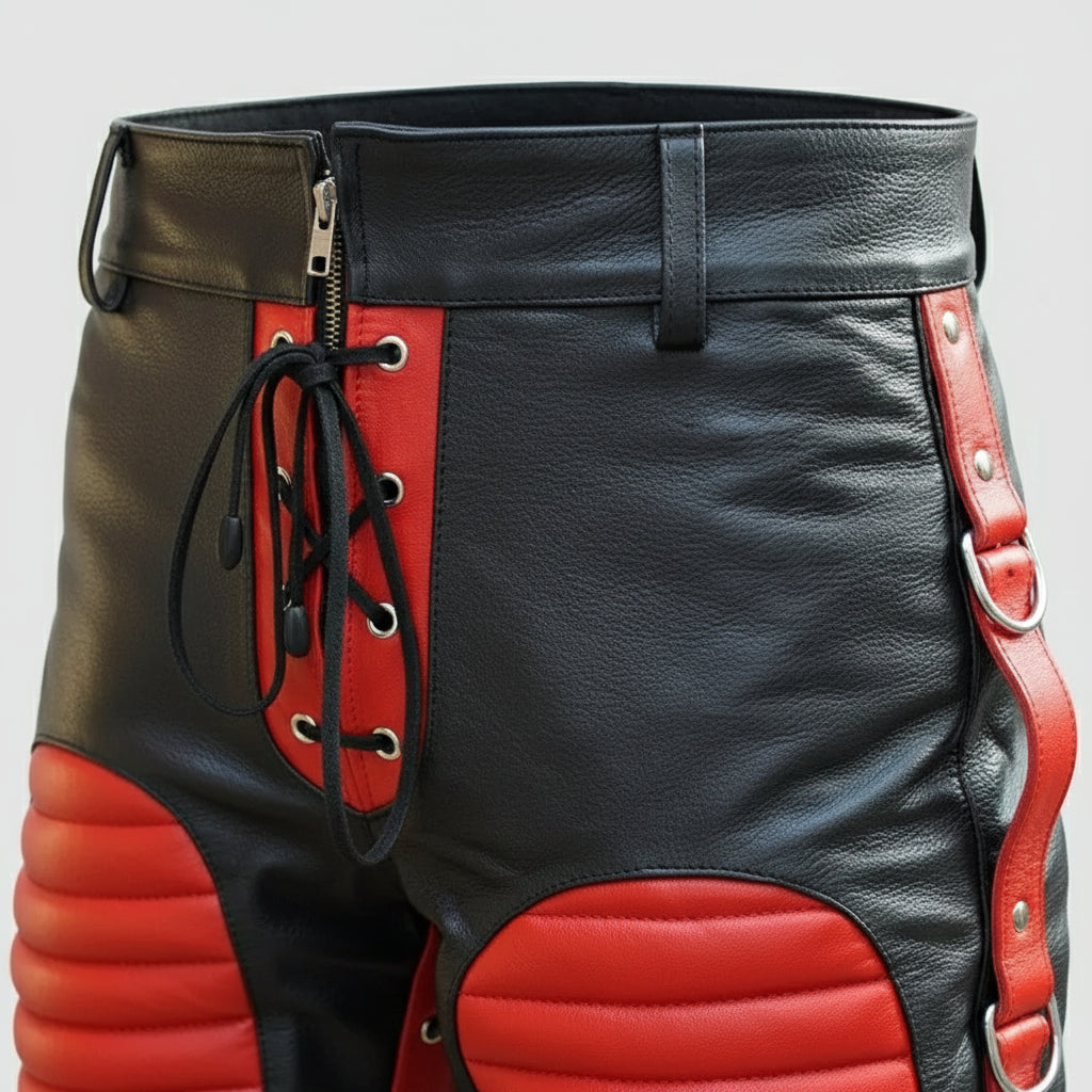 Handmade Men’s Black & Red Leather Biker Pants