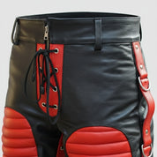 Handmade Men’s Black & Red Leather Biker Pants