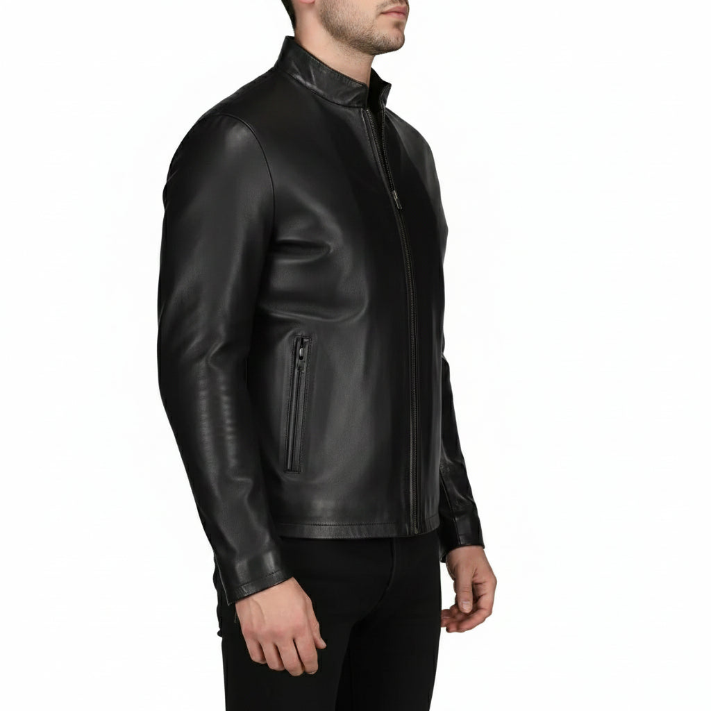 Handmade Men Black Sheep Leather Jacket, Men Motorcycle Jacket, Biker Jacket for Men