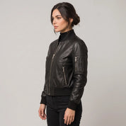 Women's Black Leather Bomber Jacket — Benthall