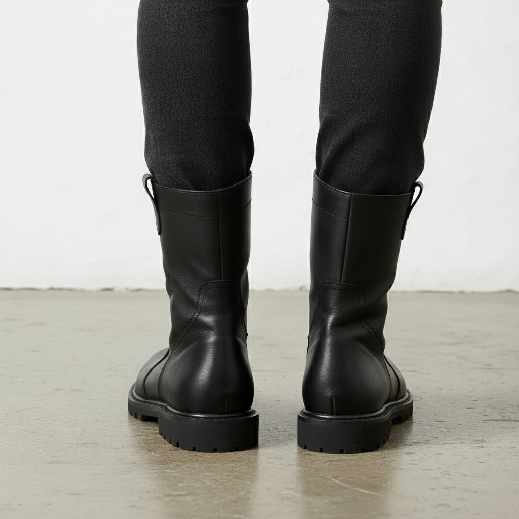 Men's Black Plain-Toe Leather Pull-On Boots
