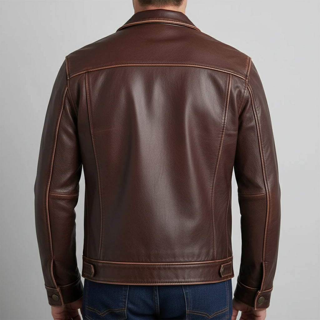 Men's Brown Vintage Slim Fit Trucker Racer  Leather Jacket