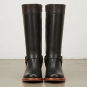 Women's Black and Dark Brown Leather Knee-High Harness Boots — Keith