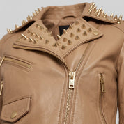 Women's Tan Golden Spiked Studded Leather Biker Jacket — Buckley