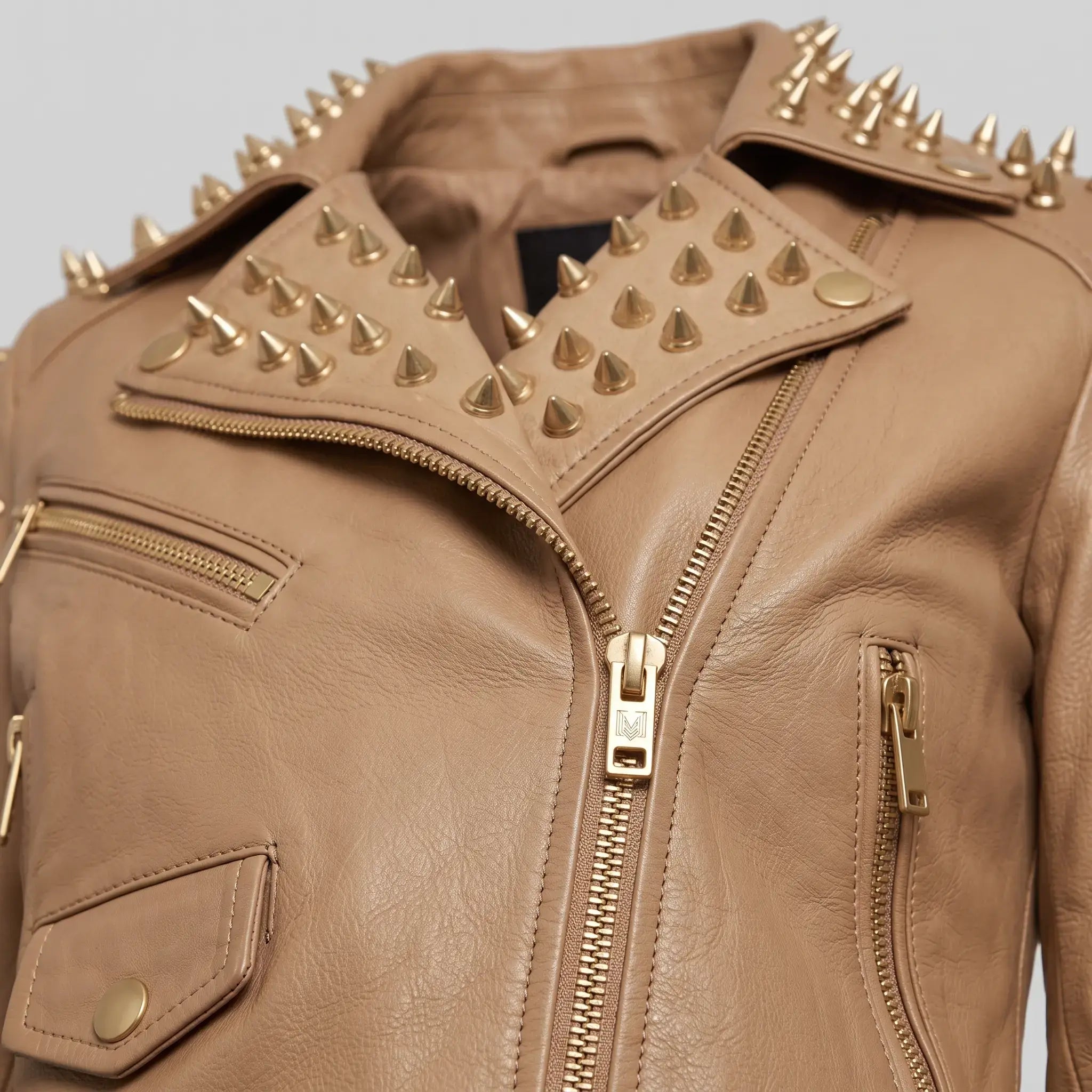 Women's Tan Golden Spiked Studded Leather Biker Jacket — Buckley
