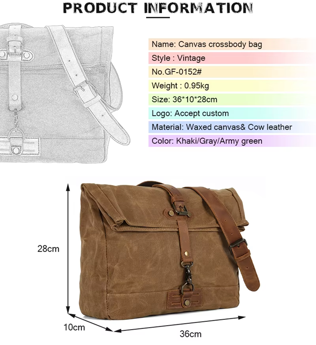 Vintage Waxed Canvas Messenger Bag with Leather Strap