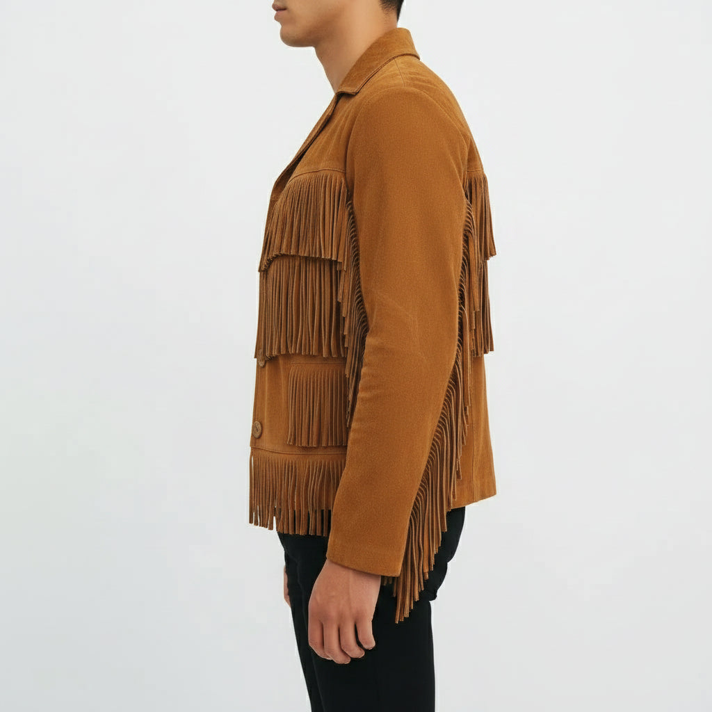 Handmade Men’s Brown Suede Casual Western Fringe Jacket
