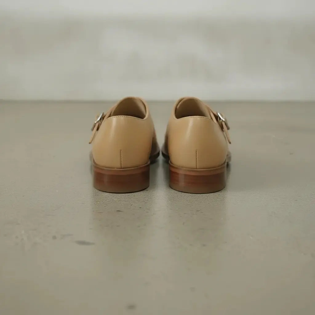 Men's Tan Plain-Toe Leather Double Monk Strap Shoes — Farlam