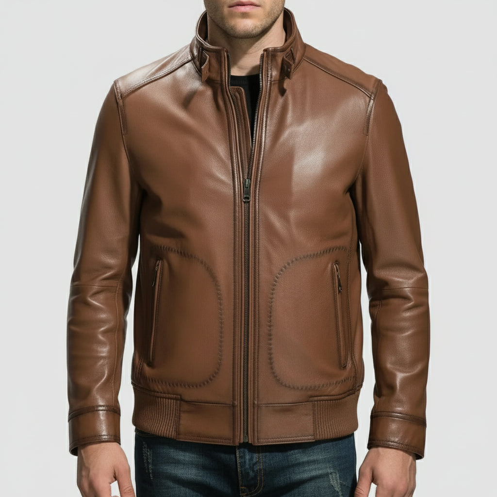 Handmade Mens Brown Genuine Sheep Leather  Motocycle Jacket