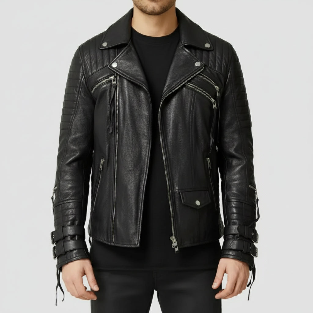 Men's Handmade Black Biker Leather Jacket with Multi Pockets