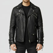 Men's Handmade Black Biker Leather Jacket with Multi Pockets