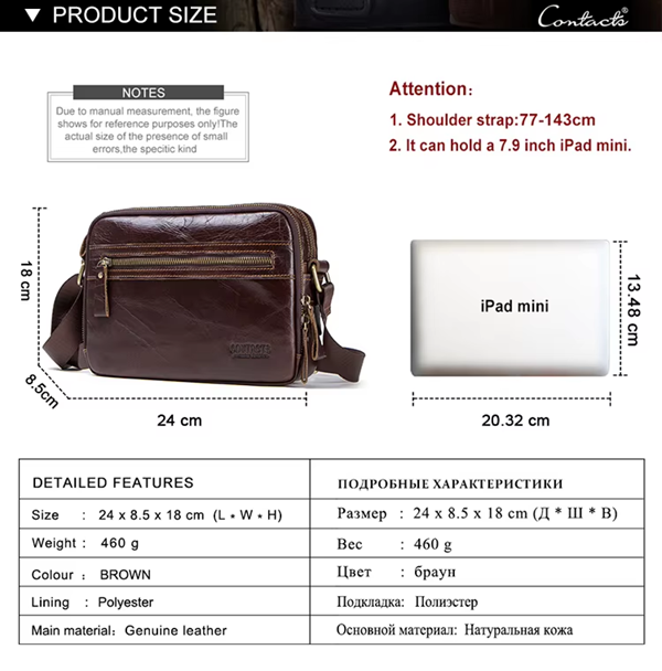 Versatile Leather Shoulder Bag, 7.9" Tablet Messenger for Men, Premium Crossbody Bag