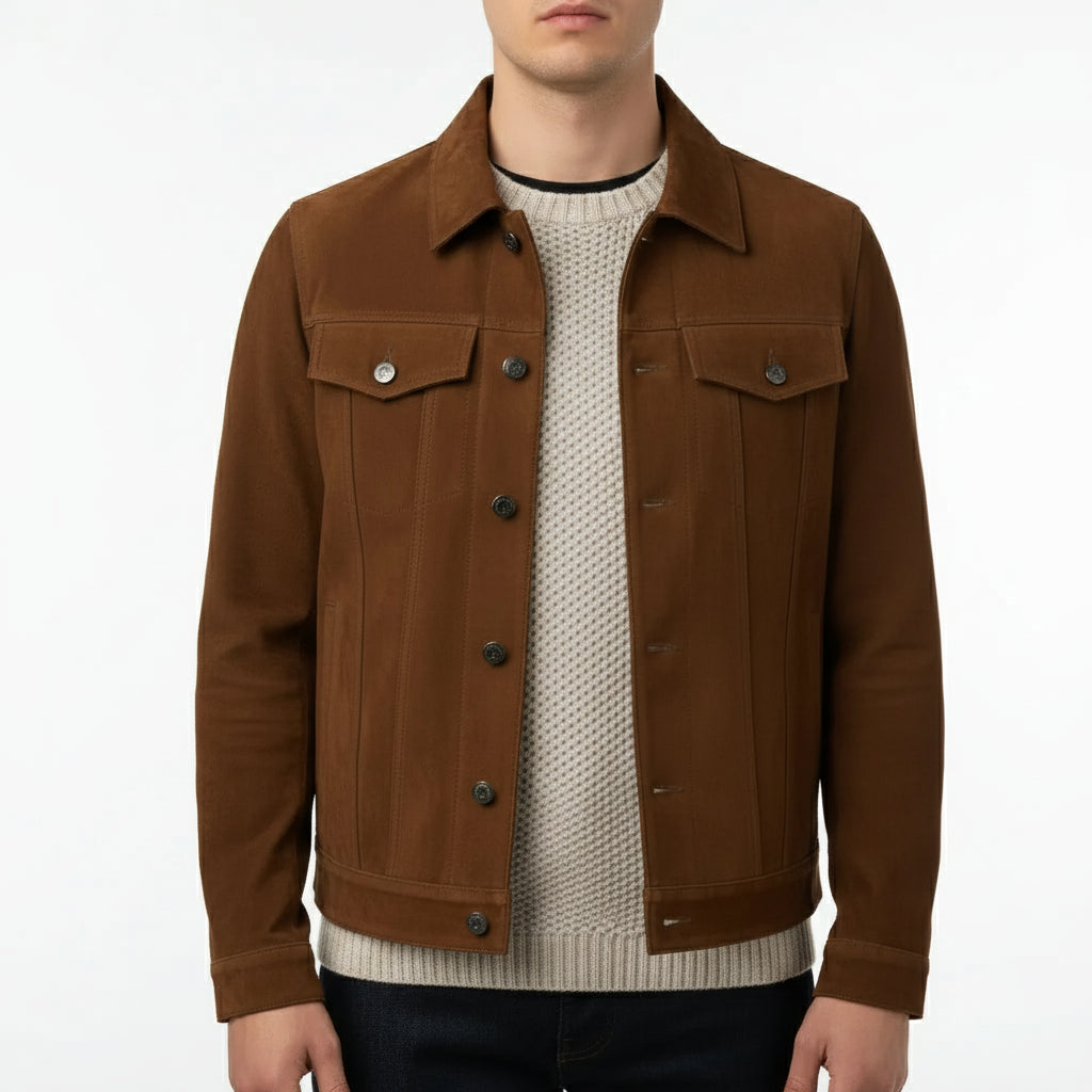 Handmade Men's Brown Suede Trucker Suede Shirt Collared Jacket