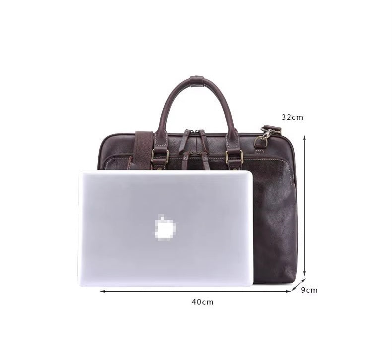 Men's Genuine Leather Two-Way Zipper Laptop Briefcase