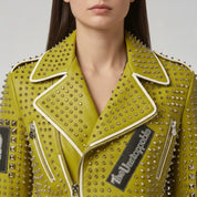 Women's Lemon Green Studded Leather Biker Jacket — Ponsonby